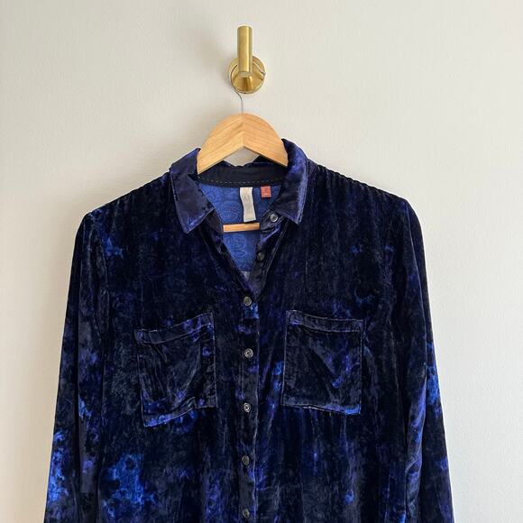 Anthropologie Pilcro Mara Velvet Long Sleeve Button Up Shirt Blue 0 - Picture 7 of 12